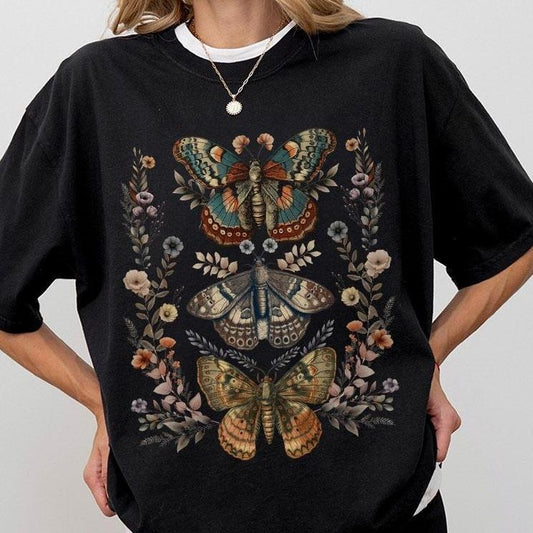 Floral Moth Shirt, Cottagecore T-shirt, Vintage Moth Shirt, Women Shirts, Gift For Her, Moth Gift, Floral Vintage Shirt, Vintage T-shirt, Women Tops, Vintage Butterfly & Moth T-Shirt, Butterfly Lover Shirt, Gift For Butterfly Lover