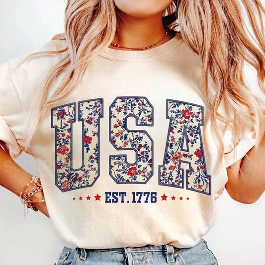 Floral USA Shirt Retro America Shirt, 4th Of July Shirt, America Coquette T-Shirt, Girly, Gift For Her, Gift For Friend