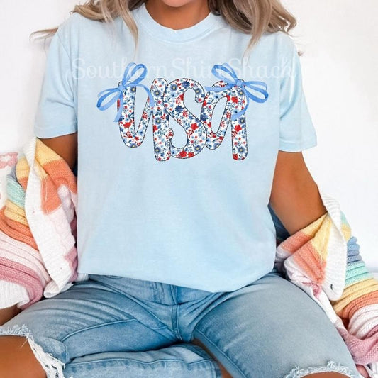 Floral USA bows T shirt  | Chambray comfort colors t shirt