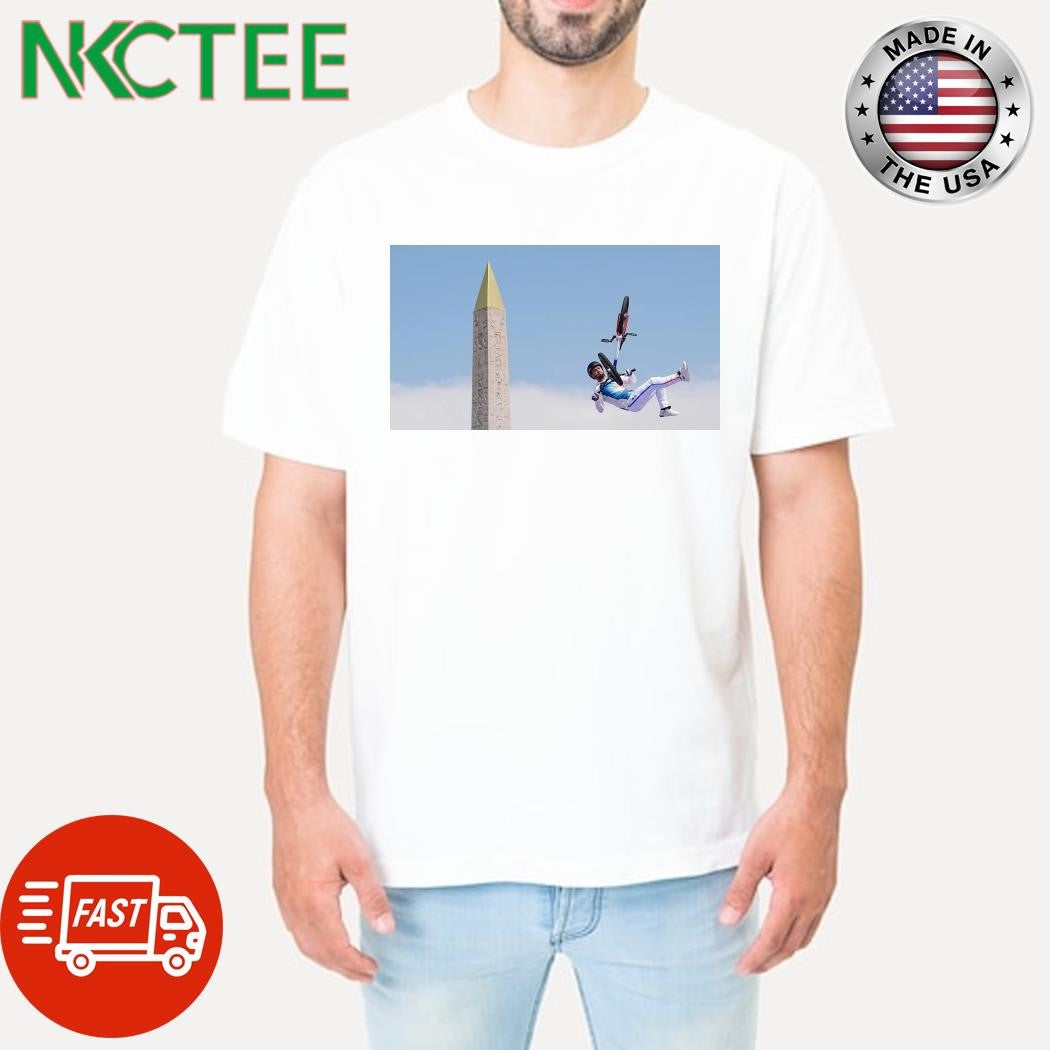 French BMX rider Anthony Jeanjean performs a trick in front of Luxor Obelisk in the Place de Concorde during the Paris Olympics shirt