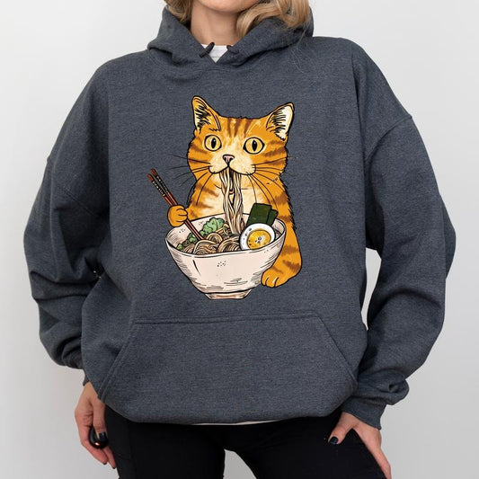 Funny Noodle Cat Hoodie, Cute Cat With Ramen Graphic Hoodies, Cat Lover Hoodie,  Anime Lover Hoodies, Cat Mom Outfits, Gift For Pet Lovers