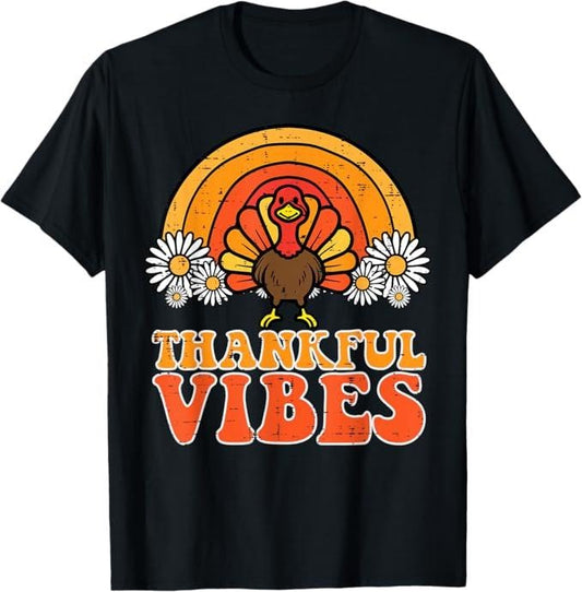 Funny Thanksgiving Shirts, Thankful Vibes Turkey Rainbow Funny Retro Thanksgiving T-Shirt - Menswear Top