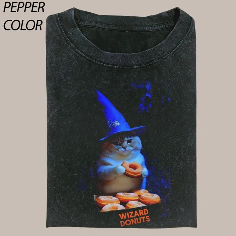 Funny Wizard Donuts Vintage Graphic T-shirt, Cute Witch Cat Tee, Cat Lover Unisex T-Shirt, 90's Style Streetwear Graphic Gift For Men Women