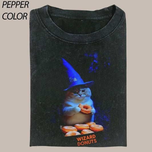 Funny Wizard Donuts Vintage Graphic T-shirt, Cute Witch Cat Tee, Cat Lover Unisex T-Shirt, 90's Style Streetwear Graphic Gift For Men Women