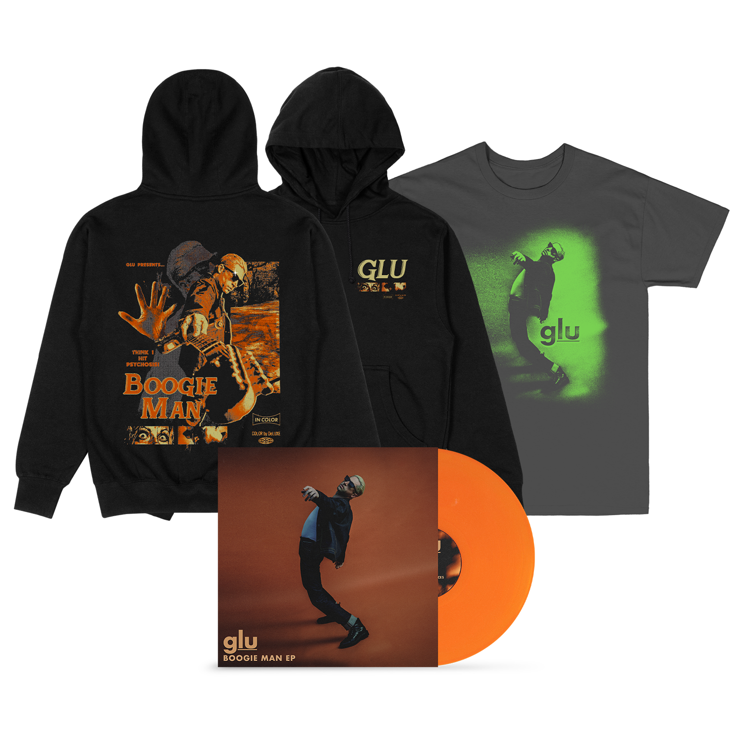 GLU - BM EP Cover Tee + Psychosis Hoodie + Boogie Man EP Vinyl Sweatshirt | CoreVibeTees.com