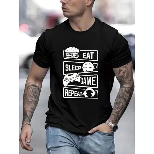 Geometric Patterned Summer Tee - Stylish Short Sleeve Casual T-Shirt for Men - Relaxed Fit, Medium Stretch, Crew Neck, Polyester and Spandex Blend, Novelty Print, Weekend Wear Made in USA