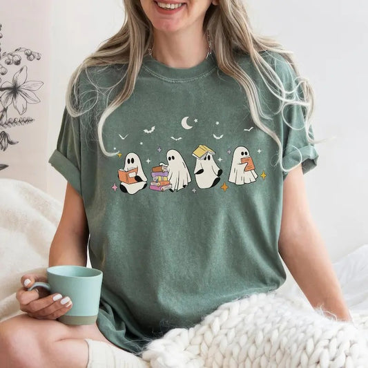 Ghost Reading Books Shirt, Halloween Cute Little Ghost Shirt, Books Lover Ghost Gift, Halloween Season, Womens Halloween, Fall Graphic Shirt
