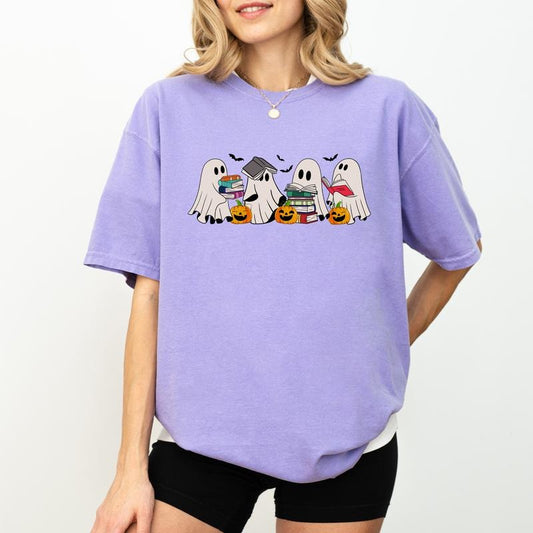 Ghost Reading Books Tee, Bookish Halloween Unhinged Shirt, Halloween Teacher T-shirt, Librarian Halloween Tee, Read More Book Cute Boo Tee, Halloween Outfits, Comfy Fabric Graphic Tee, Women's Tops, Womenswear, Cotton Fabric Relaxed Fit Chic Style