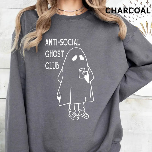 Ghost Sweatshirt, Oversized Halloween Crewneck Sweatshirt, Antisocial Ghost Club Crewneck, Retro Sweatshirt Graphic Oversized Halloween Graphic Crewneck, Cotton Pullover Spooky Season Sweater