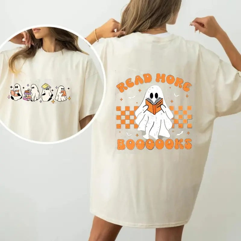 Ghosts Reading Books Shirt, Books Lover Ghost Gift, Cute Little Ghost Shirt, Womens Halloween Shirt, Spooky Season Shirt, Fall Graphic Tee, Gift for Her, Unisex Cotton Shirt For Men And Women