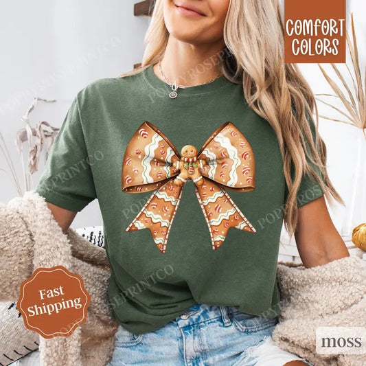 Gingerbread Man Bow Shirt Comfort Colors Holiday Tshirt,  Women's Holiday Tee