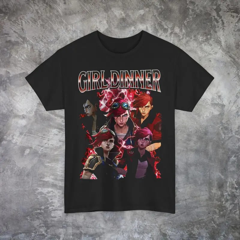 Girl Dinner Vi Arcane Vintage T-Shirt, League of Legends Shirt Anime Apparel ,Gift For Movies Lovers Casual Clothing Fabric Menswear Top  Sweatshirts