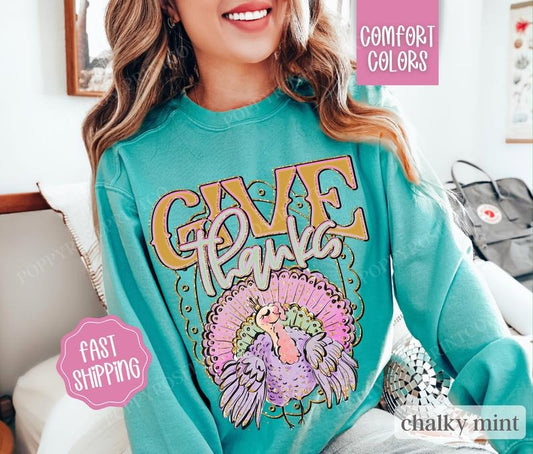 Give Thanks Sweatshirt Comfort Colors,  Thanksgiving Sweater Womenswear,  Holiday Crewneck