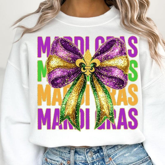 Glitter Mardi Gras Coquette Bow Sweatshirt, Mardi Beads Louisiana Festival Shirt, New Orleans Carnival Bow Shirt