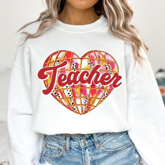 Glitter Valentine Teacher Heart Sweatshirt, Teacher Valentine Sweatshirt, Disco Ball Sweatshirt, Teacher Gift, Retro Teacher Sweatshirt, School Valentine