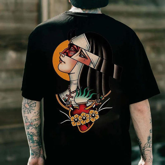Gloomy Broken Nun with Flowers Black Print T-shirt - Naughty Clothes Men