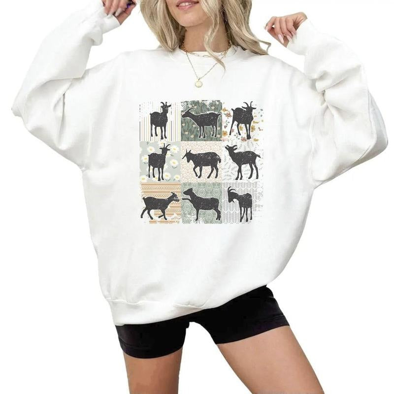 Goat Boho Sweatshirt, Retro Hoodie, Floral Farmhouse Farm Life Crewneck Sweater, Goat Lover T-shirt Cotton Womenswear