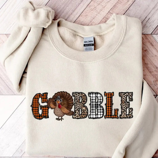 Gobble Sweatshirt - Beige Crewneck with Turkey Design, Long Sleeve, Casual Style, Trendy Turkey Sweatshirt for Thanksgiving