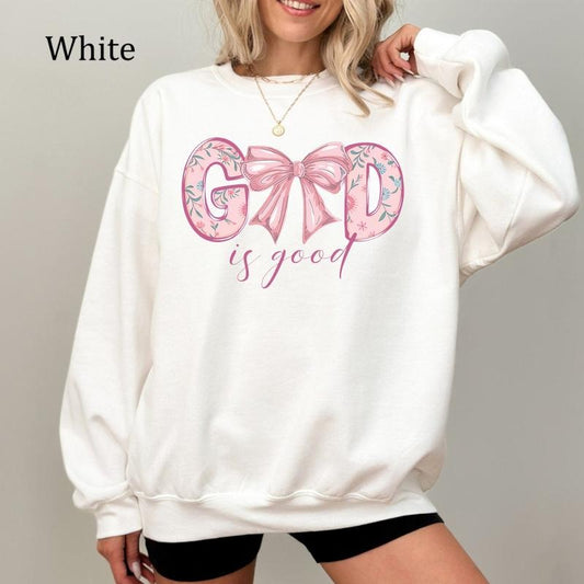 God Is Good Sweatshirt, Pink Coquette Bow Shirt, Jesus Faith Shirt, Bible Verse Christian Tee, Trendy Religious Apparel, Inspirational Gift, Cozy Fleece Sweatshirt, Everyday Casual Comfort