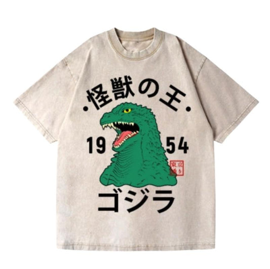 Godzilla Vintage Wash Japanese Design T-Shirt, Funny Anime Graphic Tee Shortsleeve Comfort Top