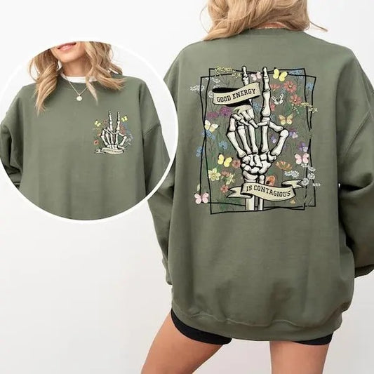 Good Energy Is Contagious, Mental Health Sweatshirt, Wild Flower Shirt, Skull skeleton Shirt, Retro Motivational Tee