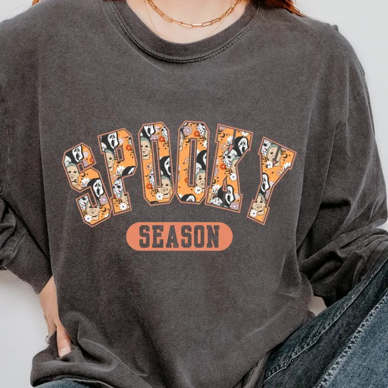 Graphic Halloween Shirt, Spooky Varsity Shirt, Spooky Season Graphic shirt, Halloween Unisex Cotton T-shirt, Oversized Halloween Fall