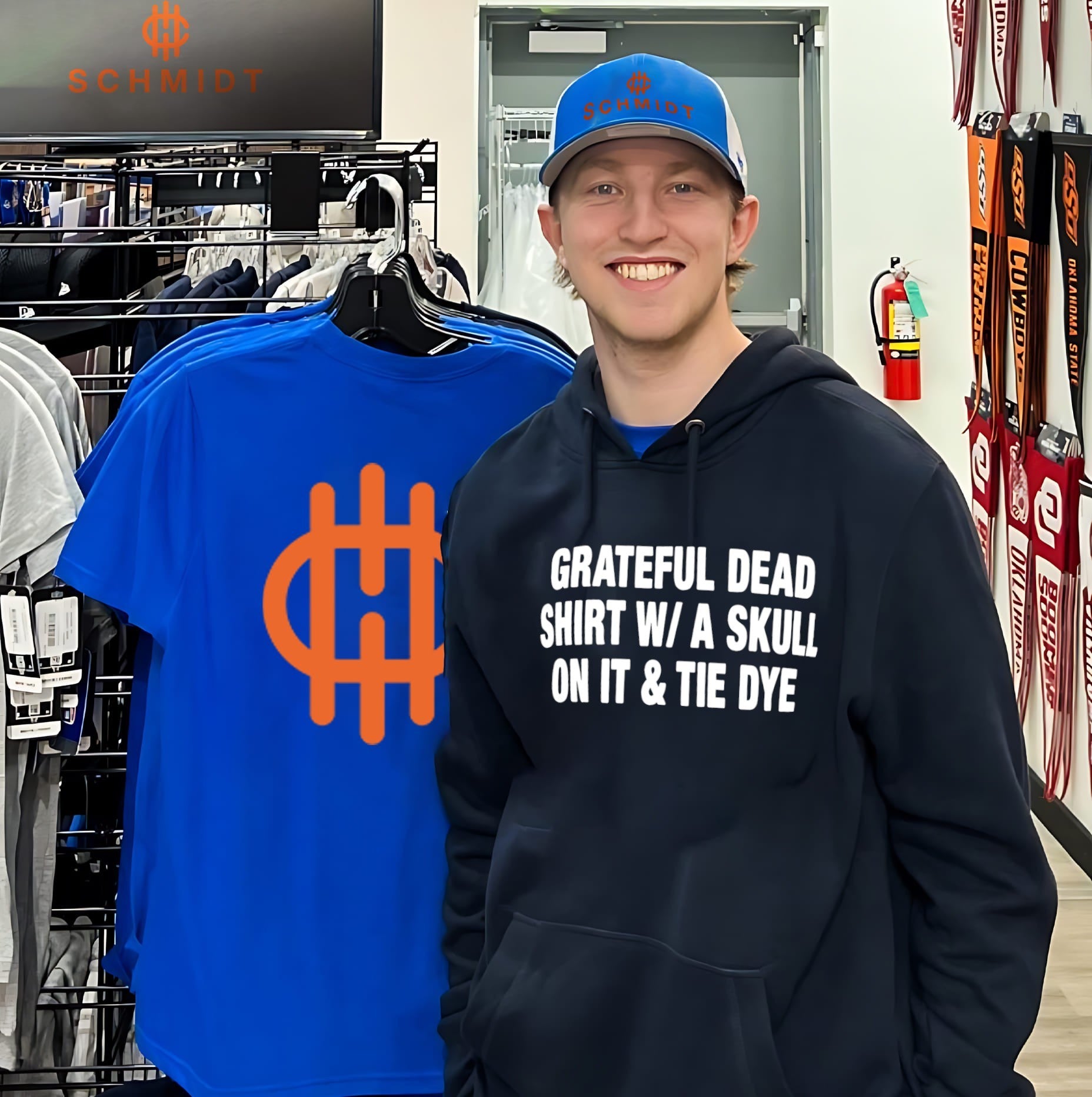 Grateful dead shirt with a skull on it and tie dye shirt