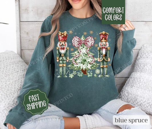 Green Nutcracker Comfort Colors Sweatshirt,  Coquette Christmas Sweater Womenswear,  Holiday Crewneck