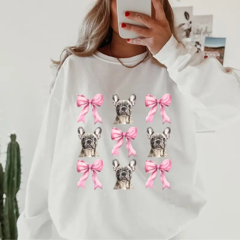 Blue Merle/Grey French Bulldog with bows Sweatshirt ~ Sweatshirt Unisex Apparel Relaxed Fit Printed in the USA Clothing Womenswear Casual and Comfortable