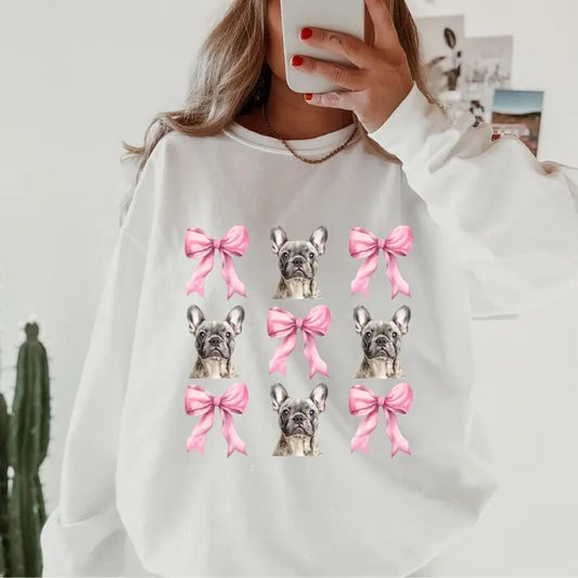 Blue Merle/Grey French Bulldog with bows Sweatshirt ~ Sweatshirt Unisex Apparel Relaxed Fit Printed in the USA Clothing Womenswear Casual and Comfortable