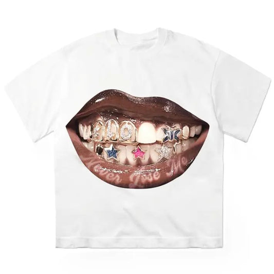 Grillz Lips Graphic T-Shirt, Trendy Smile with Stars and Butterfly Grillz, Bold Teeth Jewelry, Streetwear Tee, Unisex Menswear Womenswear Shirt