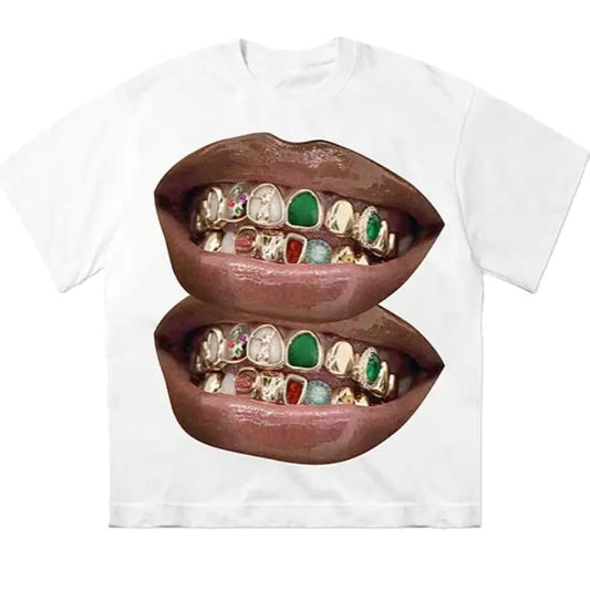 Grillz with Colored Stones Graphic T-Shirt, Trendy Lips with Diamond and Gemstone Grillz, Bold Teeth Jewelry Design, Streetwear Tee, Unisex Menswear Womenswear Shirt