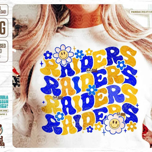 Groovy Raiders Png Blue Yellow Floral Mascot Sublimation Distressed Game Day Shirt Png Retro High School Football Png Grunge Raiders Png