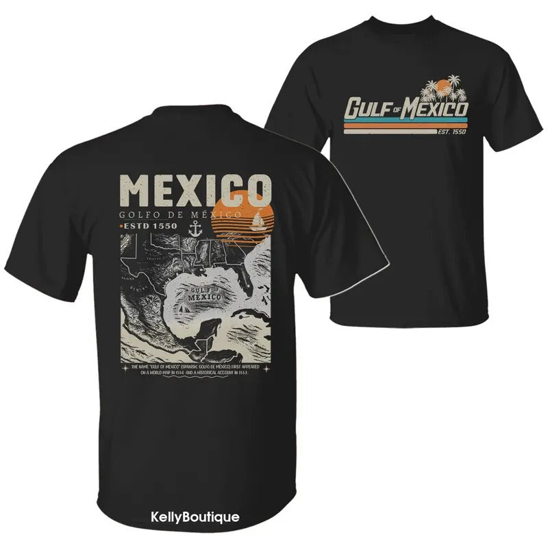 Gulf of Mexico Shirt Golf De Mexico Texas Alabama Mississippi Florida Beach Retro Graphic 2 Sided Crewneck Unisex Cotton T-shirt for Women for Men