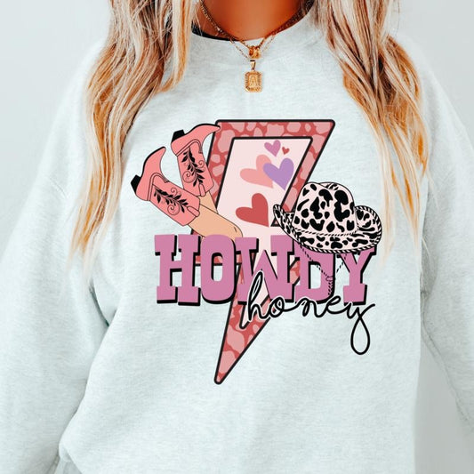 HOWDY HONEY BOLT CREWNECK (Crewneck Sweatshirt, Unisex Fit, Casual Sweatshirt for Valentines, Holiday Sweatshirt) Cotton Fabric