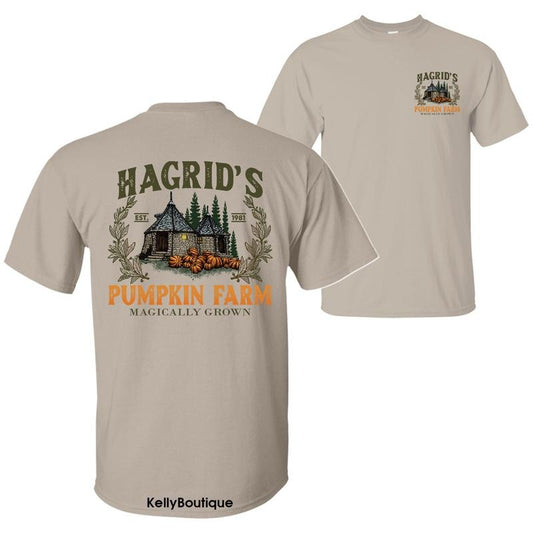 Hagrid's Pumpkin Farm Est. 1962 Magically Grown T-Shirt, Hagrid Home Magical Wizard Pumpkin Shirt, Trendy Halloween Spooky Season 2 Sided Graphic Design Unisex Cotton T-shirt for Women for Men Womenswear Menswear Top