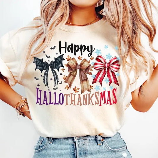 Hallothanksmas Coquette bow Shirt, Happy Hallothanksmas Shirt, Christmas Coquette bow Shirt, Fall Shirtstyle{n002}2