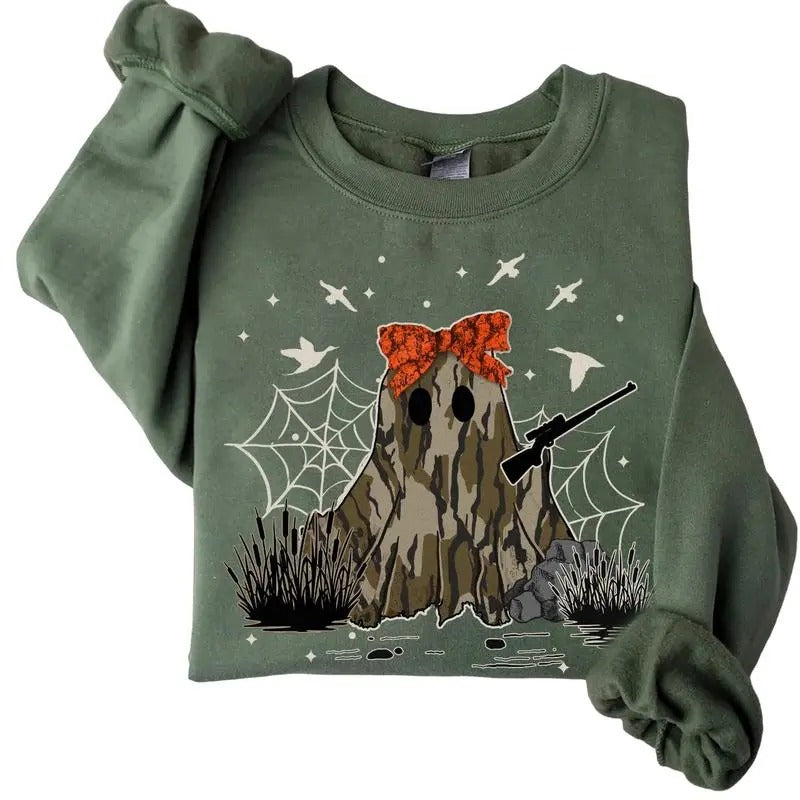 Halloween Camo Ghost Coquette Huntin Sweatshirt,  Bow Coquette Sweatshirt, Old School Camo Sweatshirt, Halloween Spooky Season, Gift For Men and Women