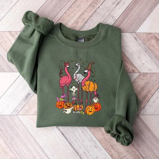 Halloween Flamingo Sweatshirt, Halloween Sweater, Retro Spooky Season, Ghost Sweatshirt, Flamingo Halloween T-shirts Cotton