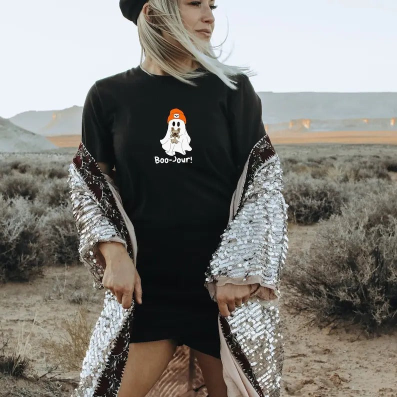 Halloween Frenchie Ghost Shirt - Boo-Jour! Ghost Dogs tshirt, Cute Ghost Dog Crewneck, Frenchie Dog Mom Dad Shirt, Trendy Oversized Tee