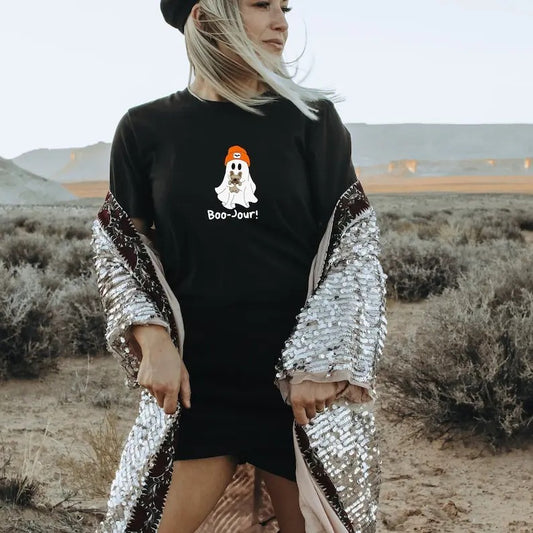 Halloween Frenchie Ghost Shirt - Boo-Jour! Ghost Dogs tshirt, Cute Ghost Dog Crewneck, Frenchie Dog Mom Dad Shirt, Trendy Oversized Tee