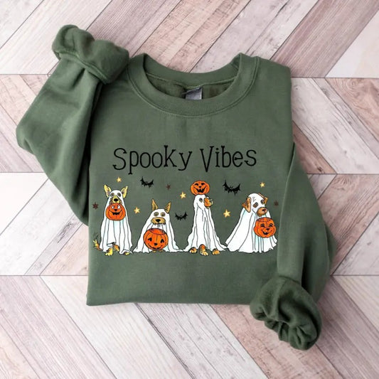 Halloween Ghost Dog Shirt - Sweatshirt - Hoodie, Happy Retro Spooky Vibes Season Graphic Tee, Retro Halloween Shirt, Full Color, For Men, For Women, Casual, Full Sizes, Tee Print