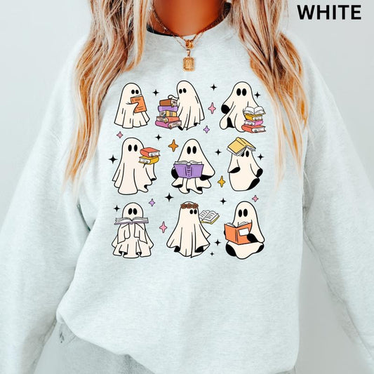 Halloween Ghost Reading Books Sweatshirt, Halloween Crewneck Unisex, Booklover Sweatshirt, Halloween Graphic Crewneck, Cotton Pullover Spooky Season Sweater