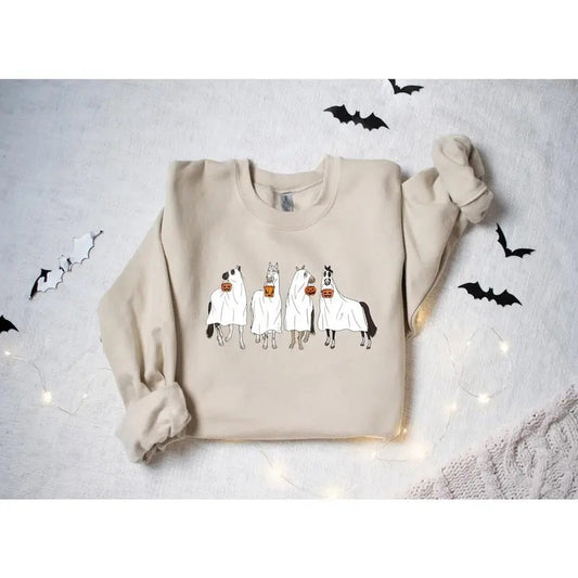Halloween Horse Ghost Sweatshirt, Cowboy Western Halloween Sweatshirt, Ghost Sweater Cotton Hoodie