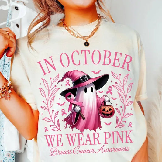 Halloween Pink Ghost T-shirt, Breast Cancer Awareness Tee, October Pink Tee, Pink Ghost Design for October & Halloween, Gift for Halloween, Gift for Friends - Trending, Crew Neck, Top, Womenswear Tshirt Streetwear