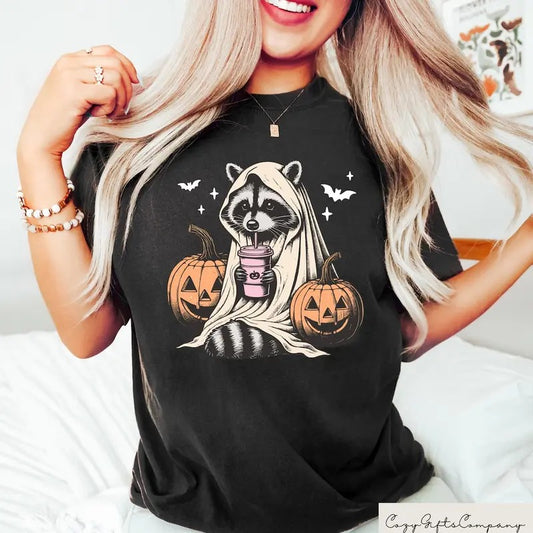 Halloween Raccoon Sweatshirt, Cute Raccoon Ghost T-Shirt, Retro Halloween Shirts, , Pumpkin Fall Shirt Cotton Womenswear Light Polyester Solid Tops