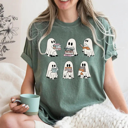Halloween Retro Ghosts Reading Books Teacher Librarian Halloween Gift Spooky Season Trendy Shirt Gift Halloween Book Lover Top Womenswear