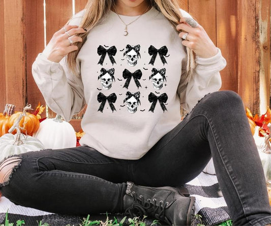 Halloween Skull Black Bow Sweatshirt, Coquette Halloween Bow Sweatshirt, Retro Halloween Shirt, Halloween Black Bow Shirt, Halloween Women's Sweatshirt, Halloween Fall Gift Shirt