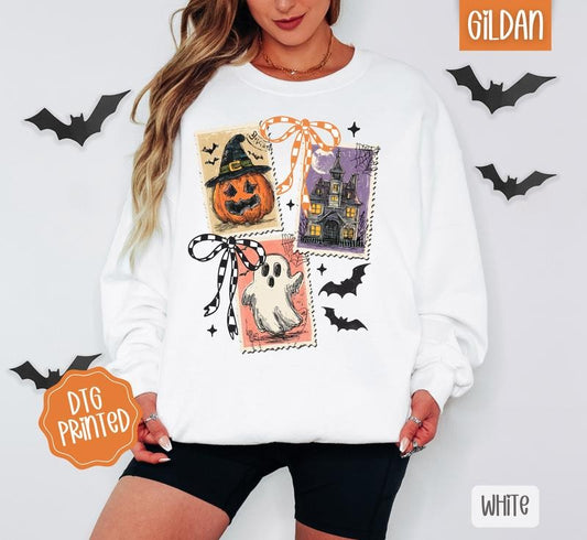 Halloween Stamps Sweatshirt, Trendy Women's Spooky Crewneck