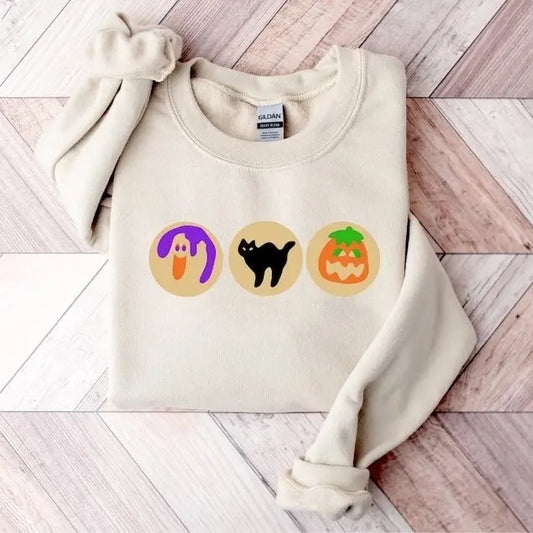 Halloween Sugar Cookie Sweatshirt, Spooky Season Cat Pumpkin Boo Ghost Crewneck, Halloween Cookies Sweat, Retro Fall, Cute Trick Or Treat, Fall Crewneck Womens Halloween Shirt